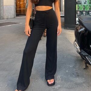 White Fox Boutique Black Ribbed Wide-Leg Knit Pants with Drawstring